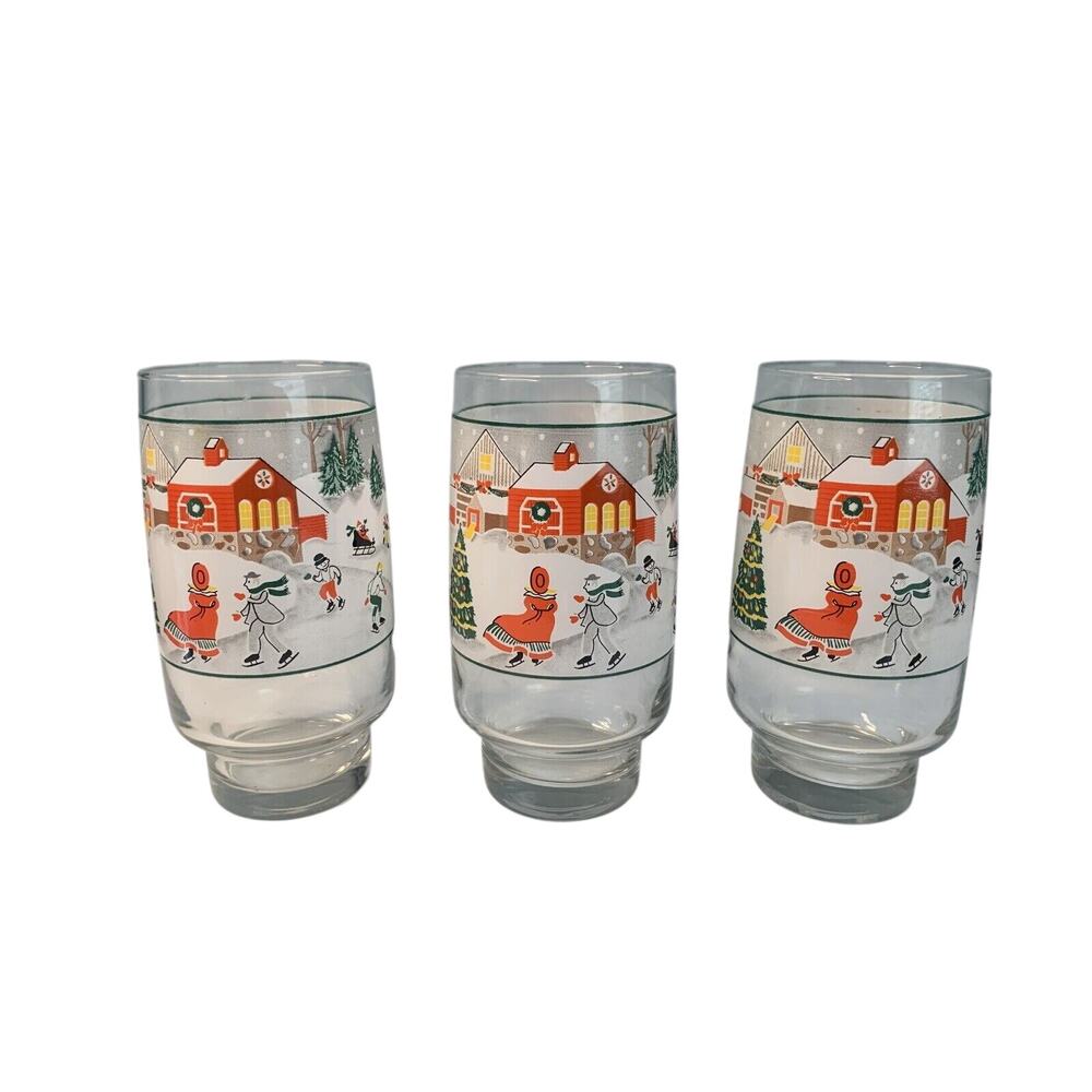 Sango Set of 3 Silent Night Christmas Glass Tumblers Joan Luntz 6” 16 oz Vintage